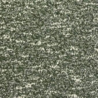 Bouclé fabric sample in muted green and cream tones displays a dense, looped pile texture with visible yarn loops and “moroso” product labeling.